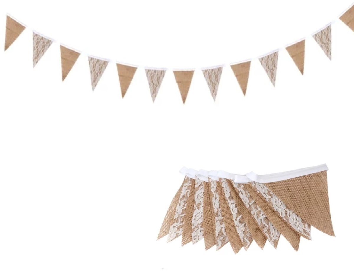 XL Jute kant vlaggenlijn - Natural , kant Slinger- 1 x 4 meter Vlaggen lijn- Youhomy feestartikelen Vlaggen decoratie Jute kant- Versiering slinger bruiloft Vintage - Huwelijk - Feest - Verjaardag - Jubileum - Wedding decor