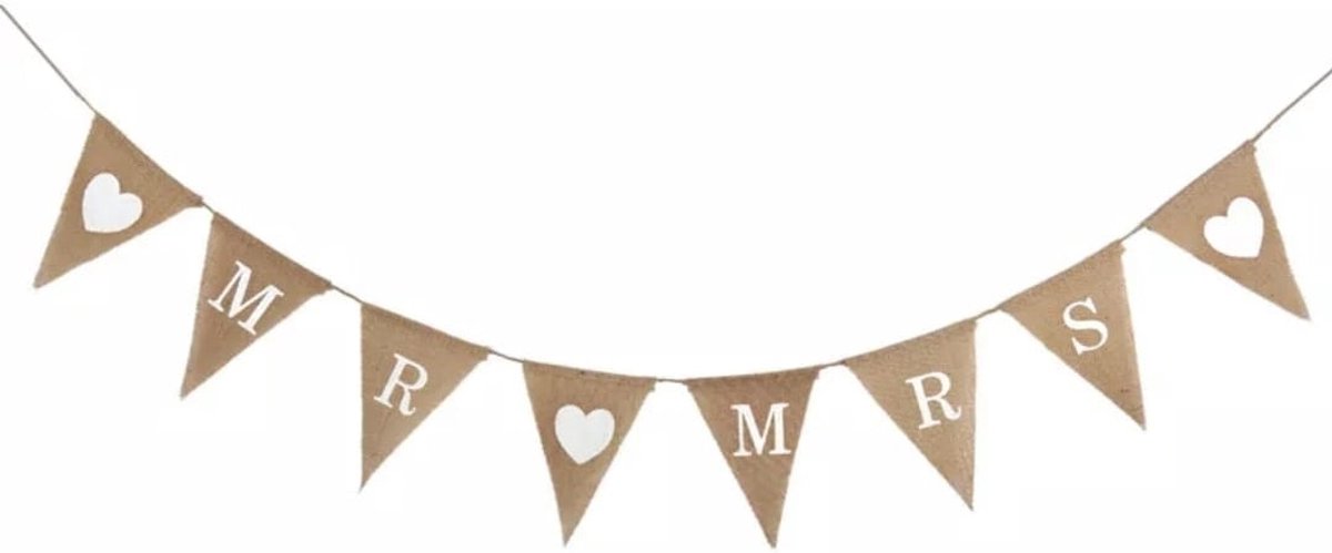 XL Jute vlaggenlijn MR-MRS hartje -YOUHOMY Vintage Wedding Slinger- 1 x 4 meter Vlaggen lijn - Vlaggen decoratie Jute kant- Versiering slinger bruiloft Vintage - Huwelijk - Feest - Verjaardag - Jubileum - Wedding decor