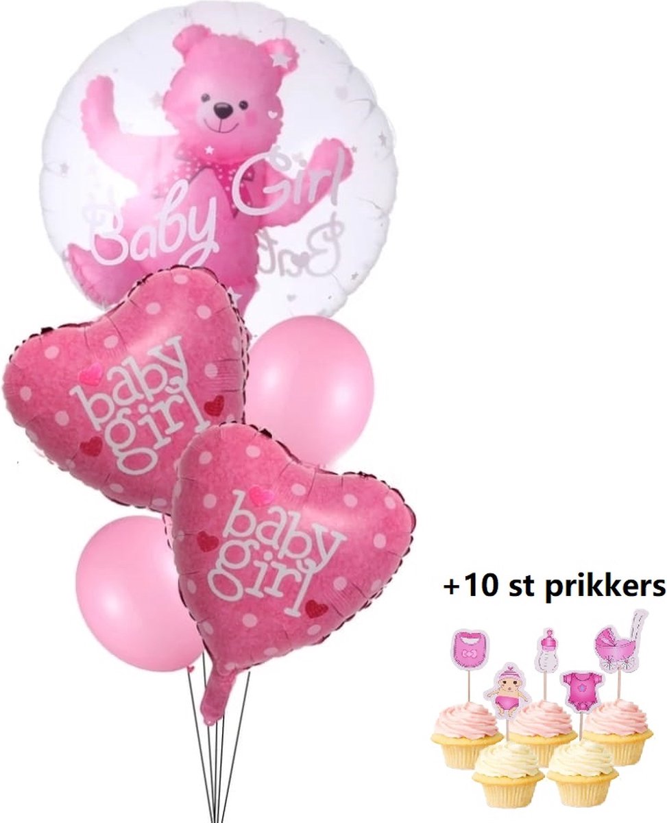 Babyshower Geboorte Girl -Helium Blauw Ballonnen, Hartje, Beer- Versiering Pakket Meisje - Babydouche Baby Shower Decoratie - Roze set Ballonnen