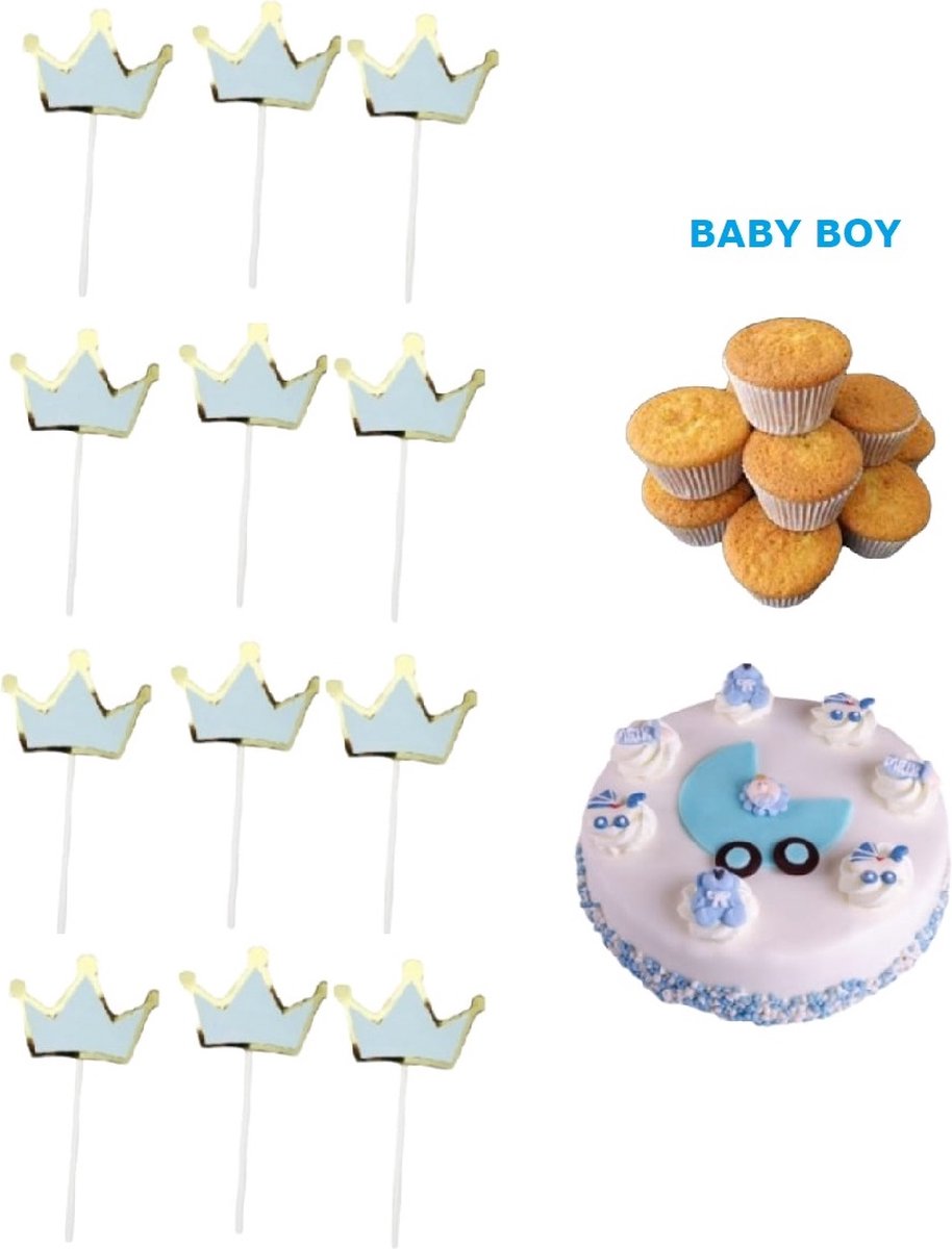 Gebak versiering BOY -YOUHOMY versiering jongen-12 stuks large boy prikkers- cupcake prikker boy - hoera een jongen - taart -verjaardag cup cake topper - babyshower jongen