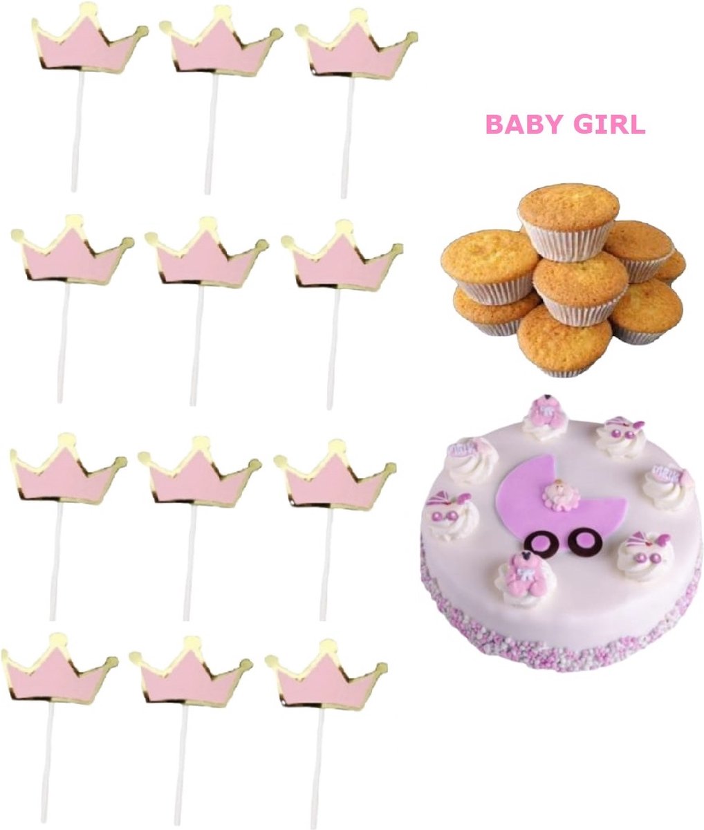 Gebak versiering GIRL -YOUHOMY versiering meisje- 12 Tuks large girl prikkers- cupcake prikker meisje - Verjaardagversiering Kroontje,  Verjaardag cup cake topper - babyshower meisje