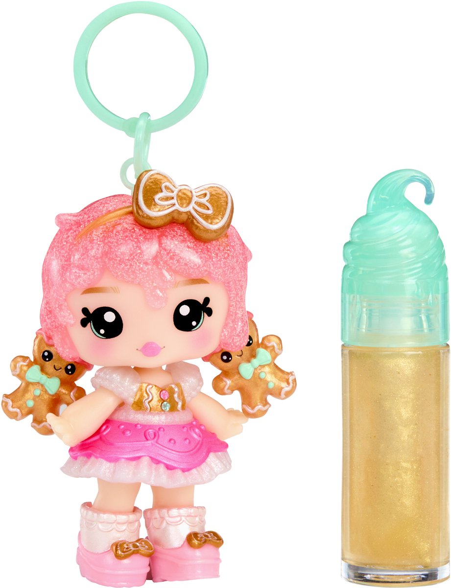 Yummiland x Feestdagen Lipgloss-pop – Gigi Gingerbread bevat lipgloss om zelf te maken + sleutelhanger, cosmetica om mee te spelen, verzamelitem met kerstthema, voor kids van 4+ jaar