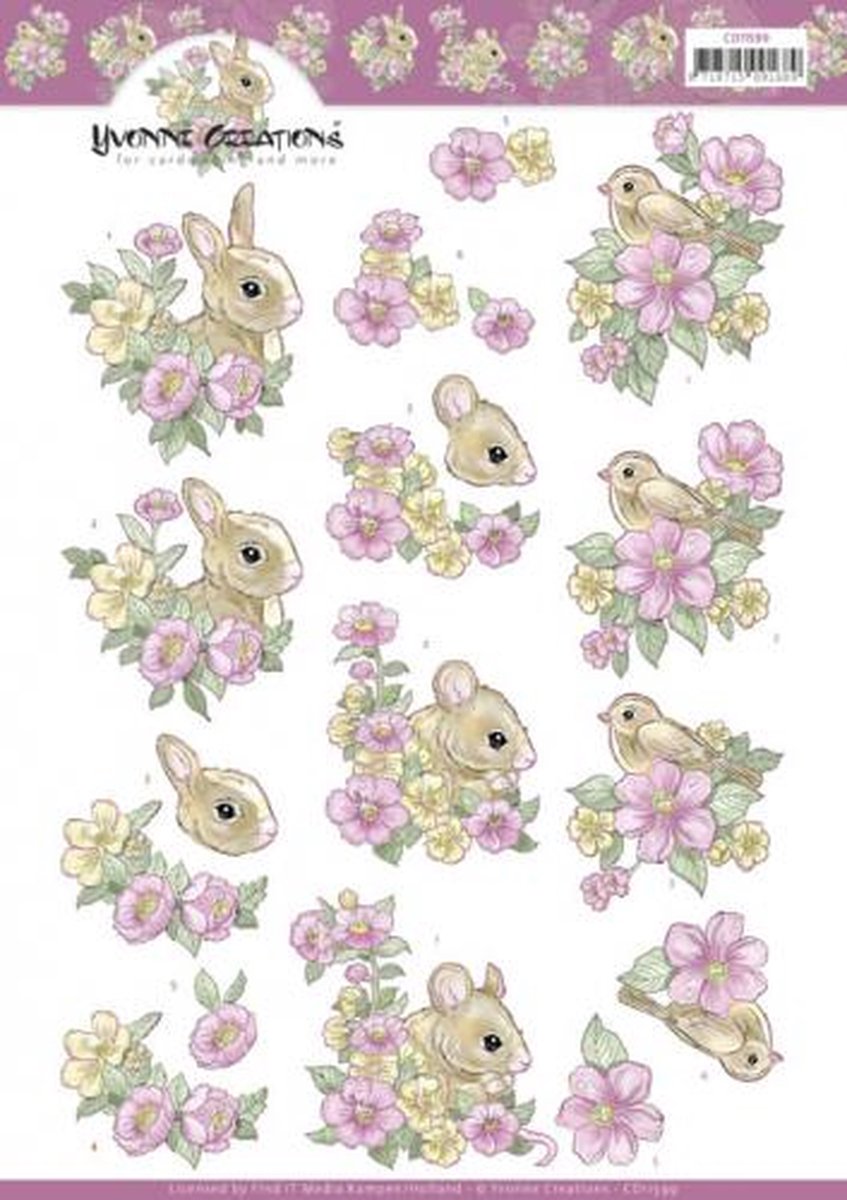 3D Cutting Sheet -  s - Pink flowers and Animals