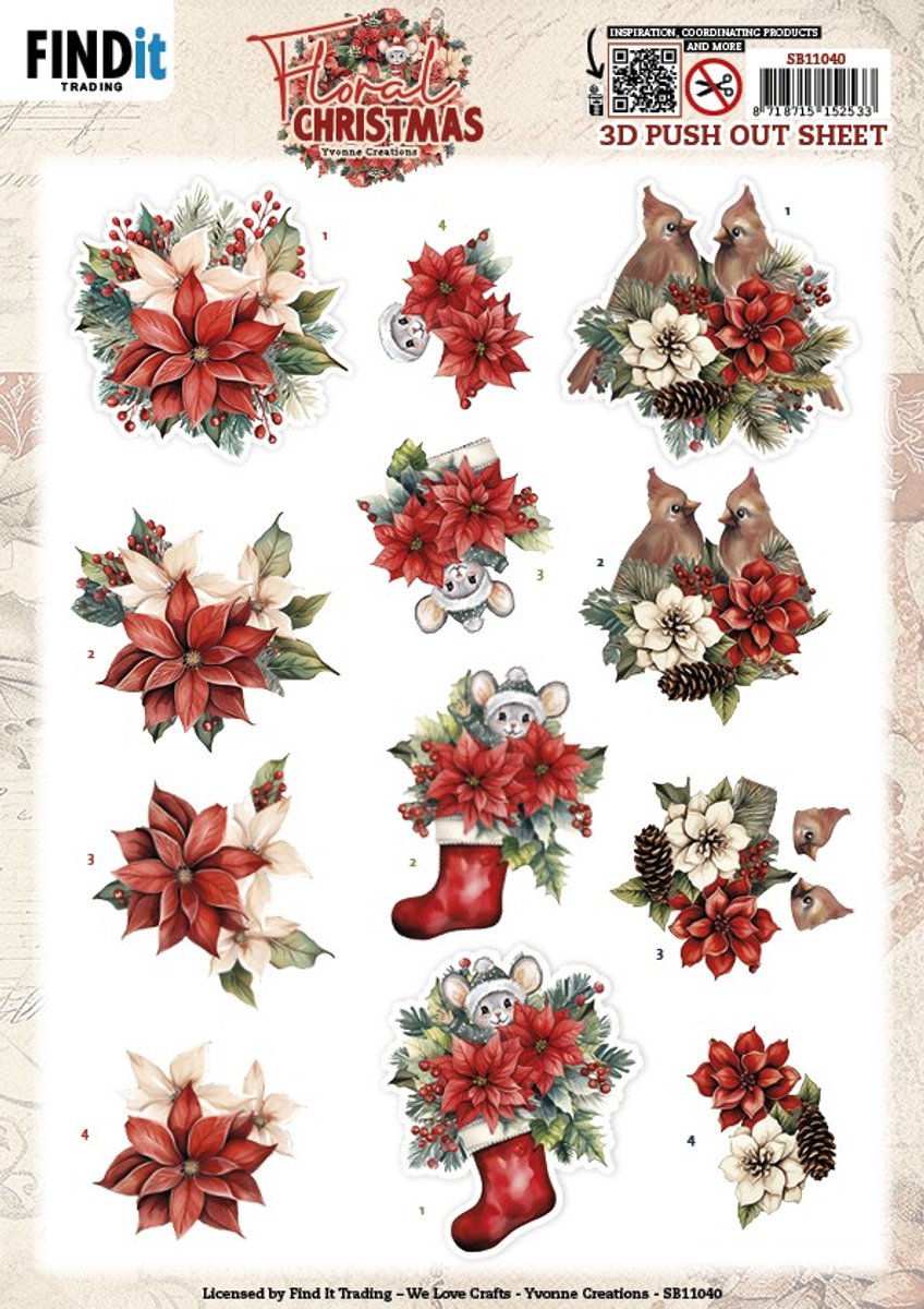 3D Pushout Sheet - Yvonne Ceations - Floral Christmas- Floral Poinsettia