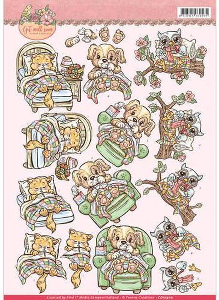 Animals Get Well Soon 3D-Knipvel Yvonne Creations - 1 knipvel