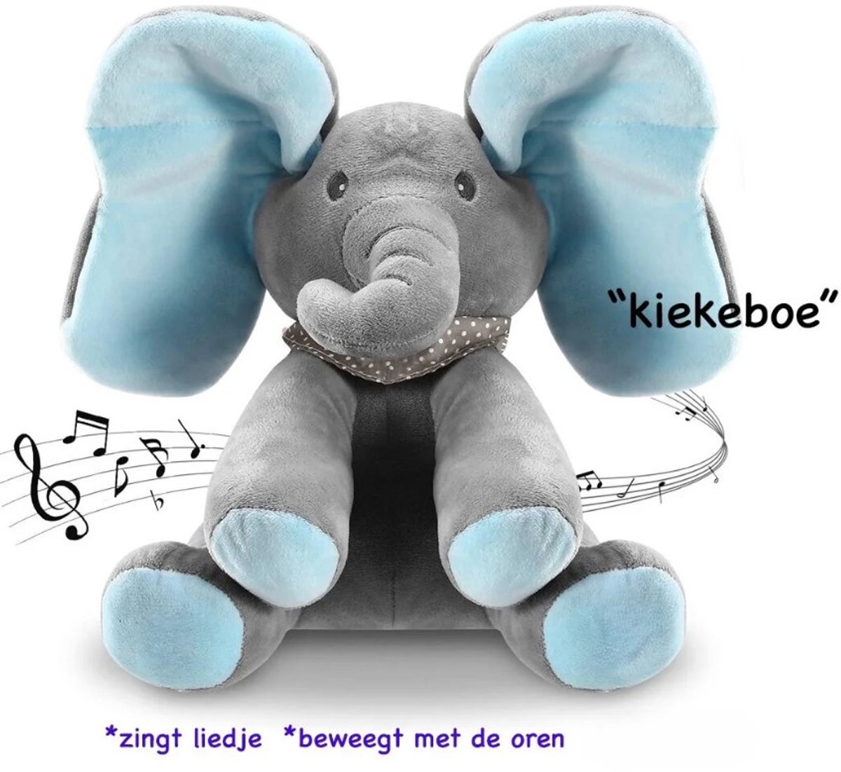 Zingende olifant - kiekeboe - zingt - beweegt met de oren -Blauw (Engelstalig)
