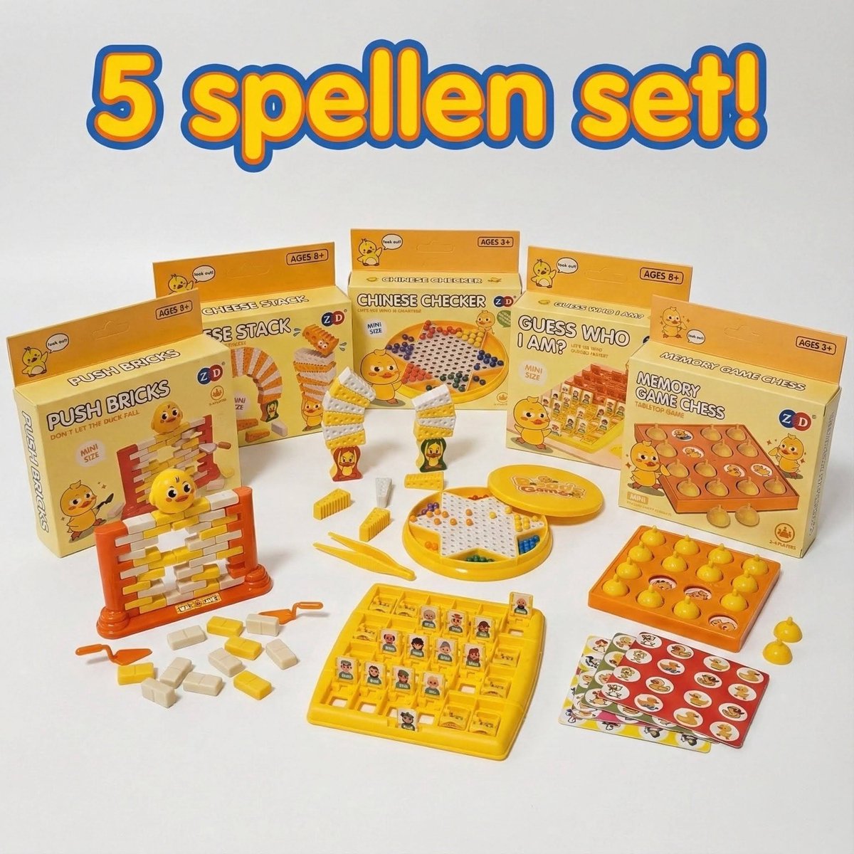 5-delige Spelletjes Set Kuiken Geel – 5 Mini Spelletjes & Educatief Speelgoed – Cadeau of reisspel