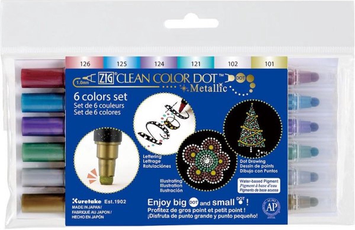 Zig Clean Color Dot metallic set 6 kleuren - Incl. Goodie