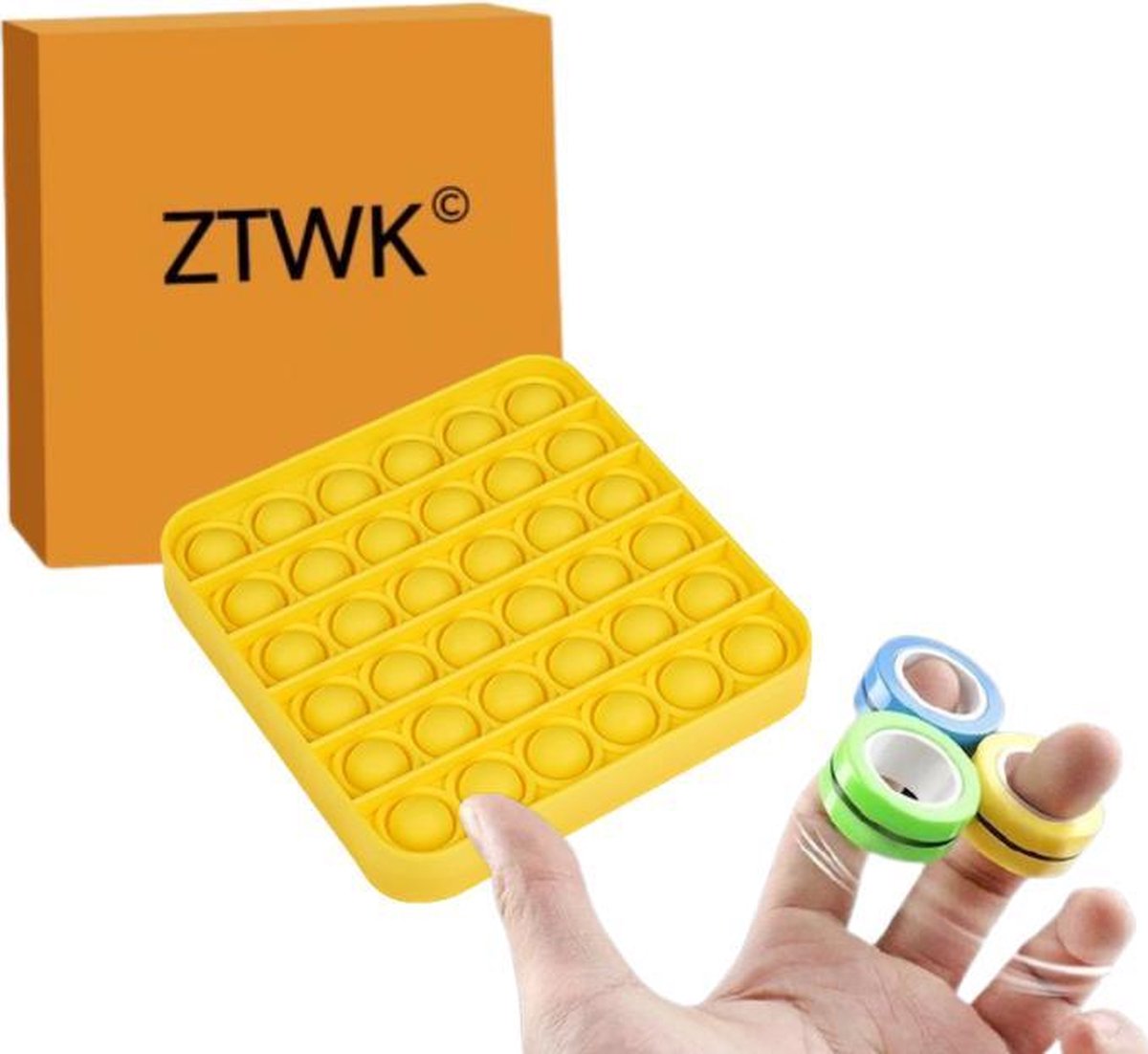 ZTWK© - Fidget toys pop it - Vierkant + 3 Magnetische ringen - Fidget toys pakket - Geel
