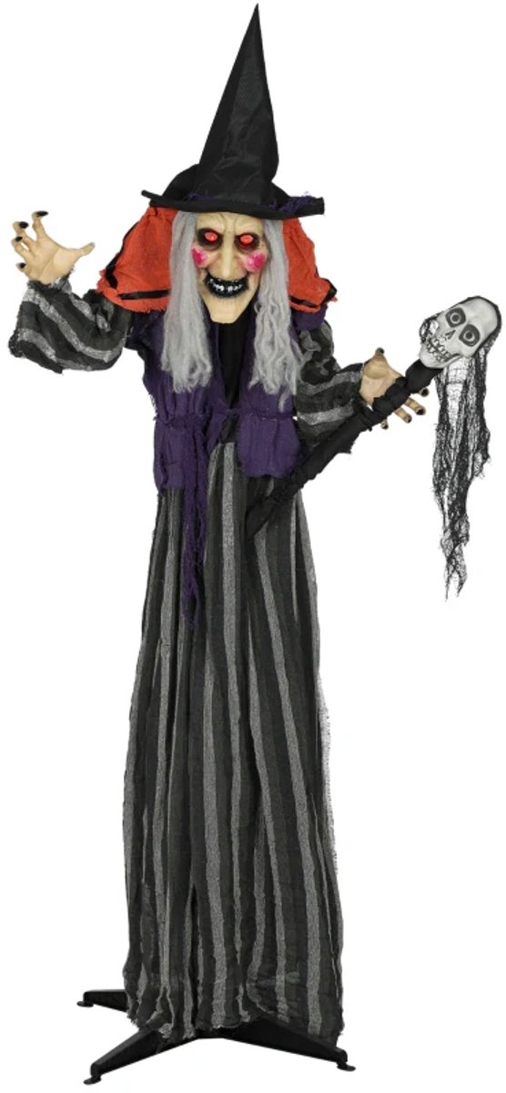 1,6m Heks Halloween Decoratie (Beweging, licht en geluid) - Gloeiende Ogen - Enge Geluiden - Flexibele Armen en Lichaam - Halloween-Decoartie - Halloween Versiering - 70x20x160 cm