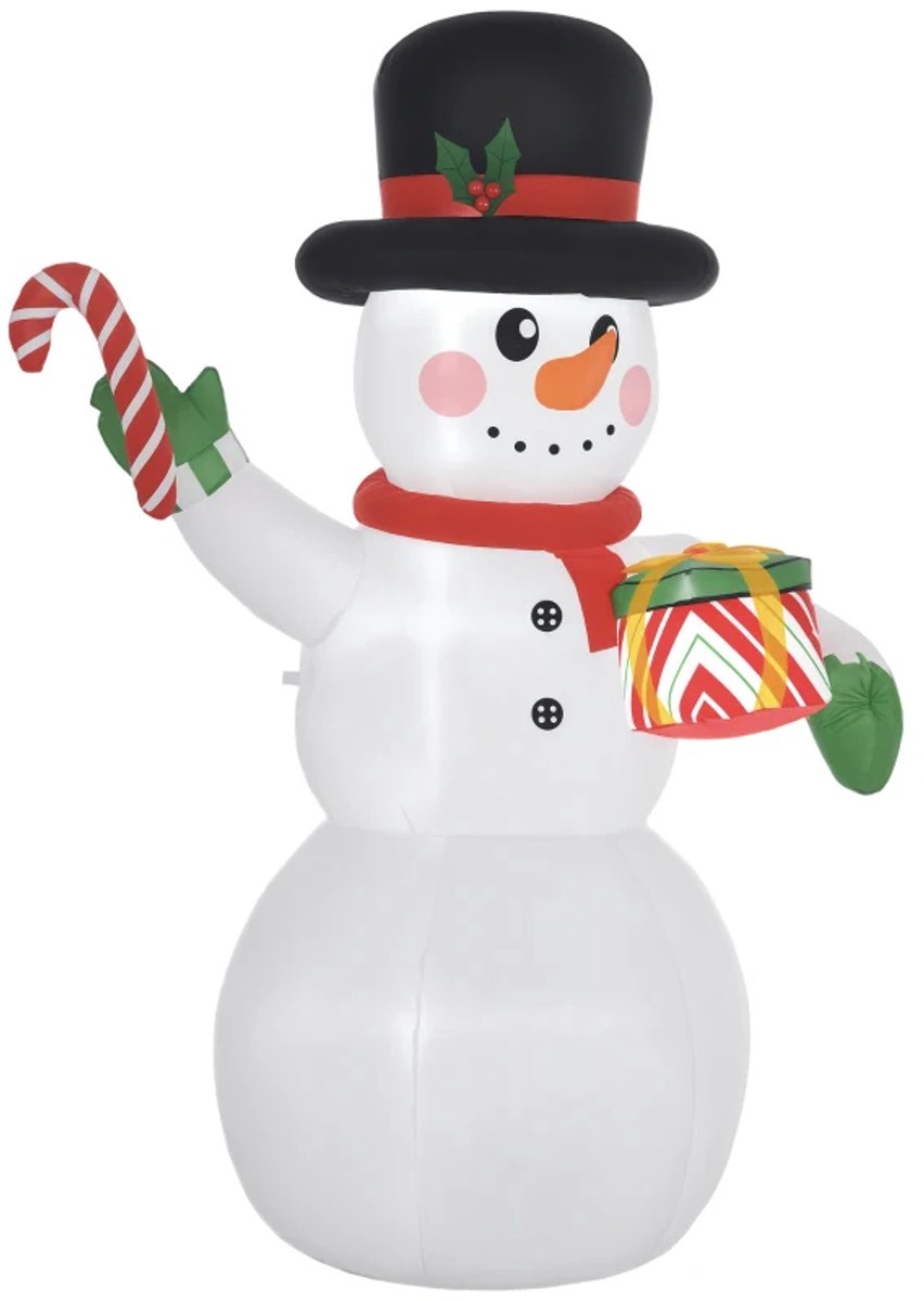 1,8 m Opblaasbare Sneeuwman - Sneeuwpop met Zuurstok en Cadeau - Kerstversiering - met LED Verlichting - Zelfopblaasbaar - Kerstdecoratie - Vakantiedecoratie - Weerbestendig - Kerstman