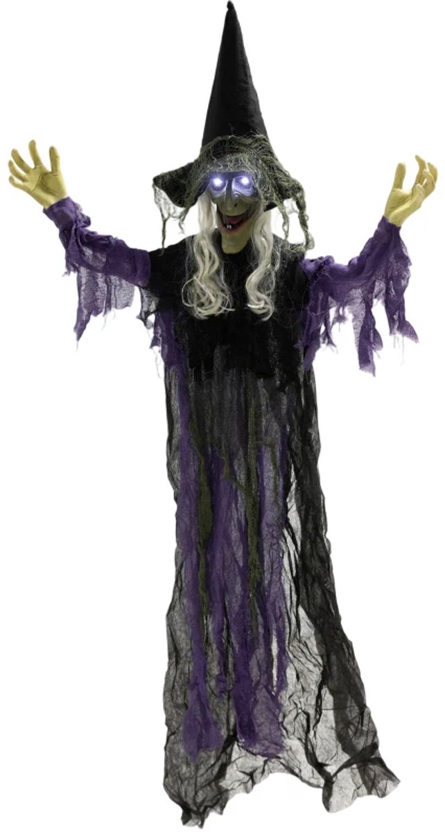 1,83m Heks Halloween Decoratie (Beweging, licht en geluid) - Hangende Heks - Gloeiende Ogen - Enge Geluiden - Flexibele Armen en Mond - Halloween-Decoartie - Halloween Versiering - 80x15x183 cm