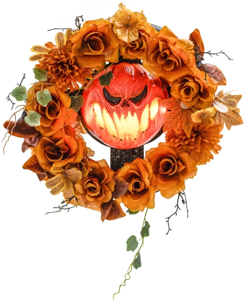 Halloweenkrans - Griezelig Pompoenontwerp - Halloween Decoratie - Herfstbladeren - Lichteffecten - Halloween-Decoartie - Halloween Versiering - Feest - Plastic