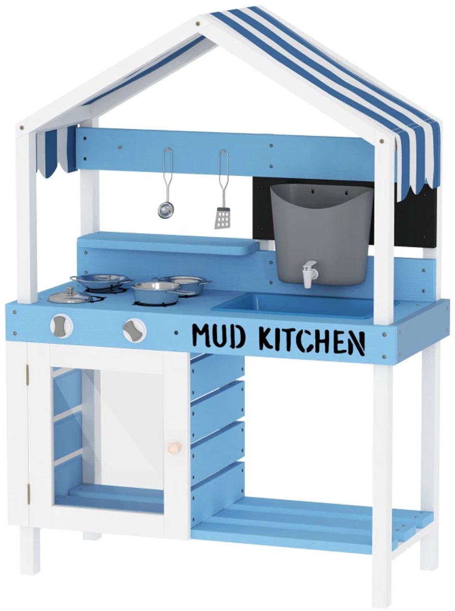 Keuken Speelgoed - Kinderspeelkeuken - Buitenspeelkeuken -Kinderkeuken - met Parasol, Kookgereiset, Gootsteen - 3+ - Rollenspel - Cadeau voor Jongens en Meisjes - 80x36.5x112cm - Blauw