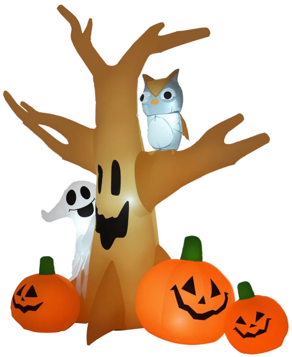 Opblaasbare Halloween Spookachtige Luchtfiguur - met 3 Pompoenen, 1 Spook & 1 Uil - met 4 Ledlampjes - Halloweendecoratie - 2,4 m - LEDs - Polyester - Halloween-Decoartie - Halloween Versiering - 190 x 100 x 240cm