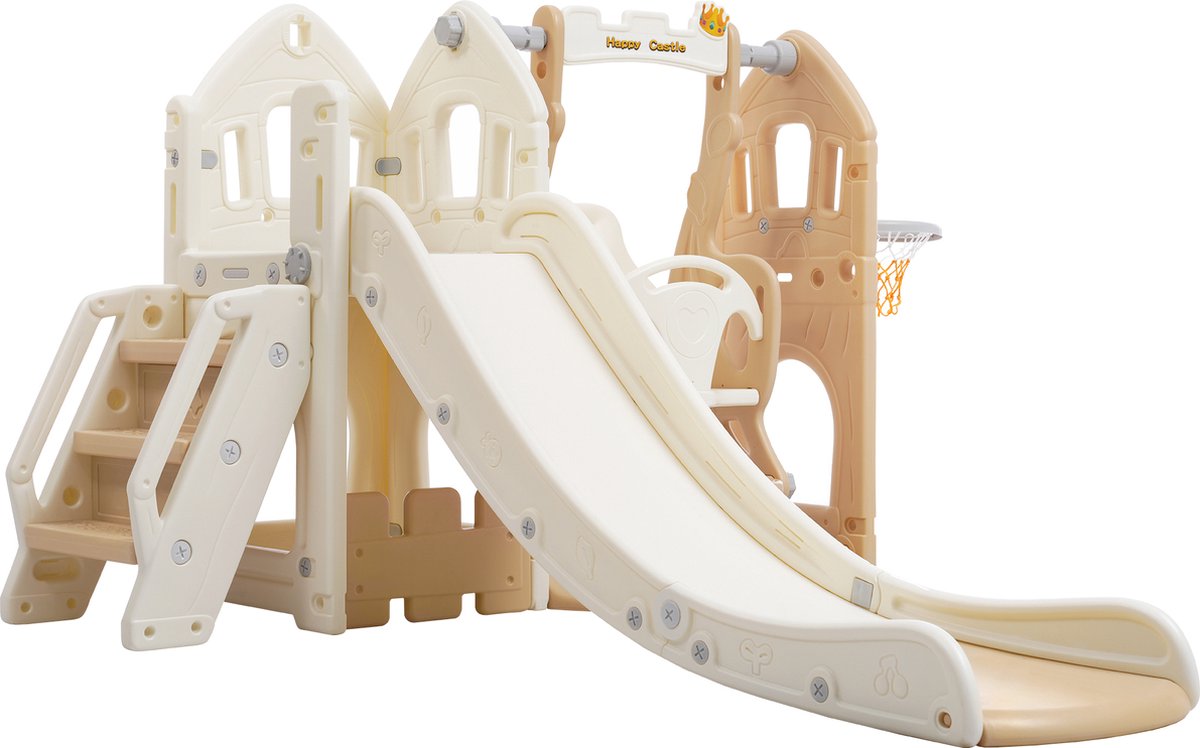 ZYLARO Speeltoestel, 5-in-1 kinderglijbaan, bestaande uit glijbaan, schommel, onderkast, basketbalstandaard en trap, zowel binnen als buiten te gebruiken, bruin en wit, geschikt voor kinderen van 1-5 Jaar