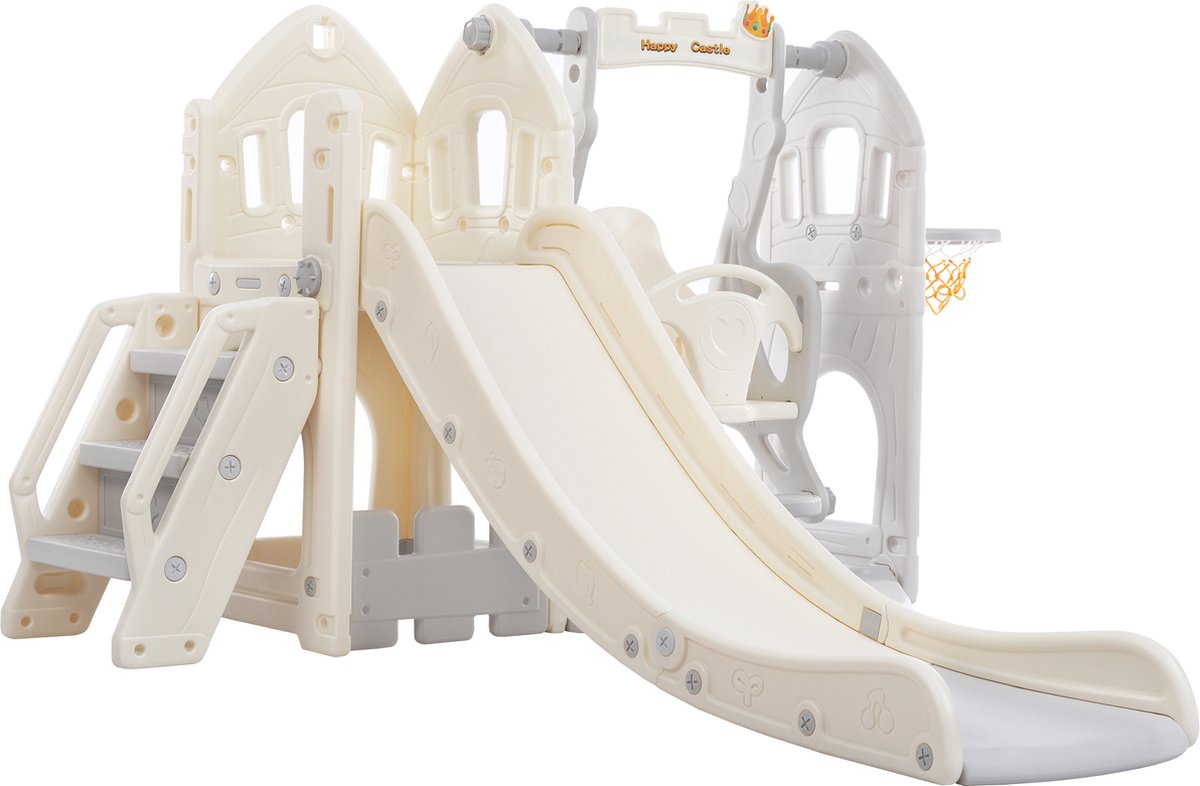 ZYLARO Speeltoestel, 5-in-1 kinderglijbaan, bestaande uit glijbaan, schommel, onderkast, basketbalstandaard en trap, zowel binnen als buiten te gebruiken, grijs en wit, geschikt voor kinderen van 1-5 Jaar