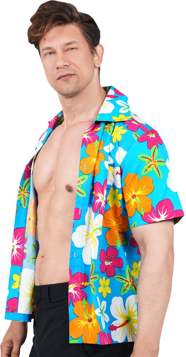 Zebra & Friends Hawaii Blouse Mannen - 100% Katoen - Maat M - Tropical Hawaii Shirt Heren - Carnavalskleding - Hawaii hemd - Tropisch Kostuum - Bloemen - Meerkleurig - Blauw - Schlagerfestival
