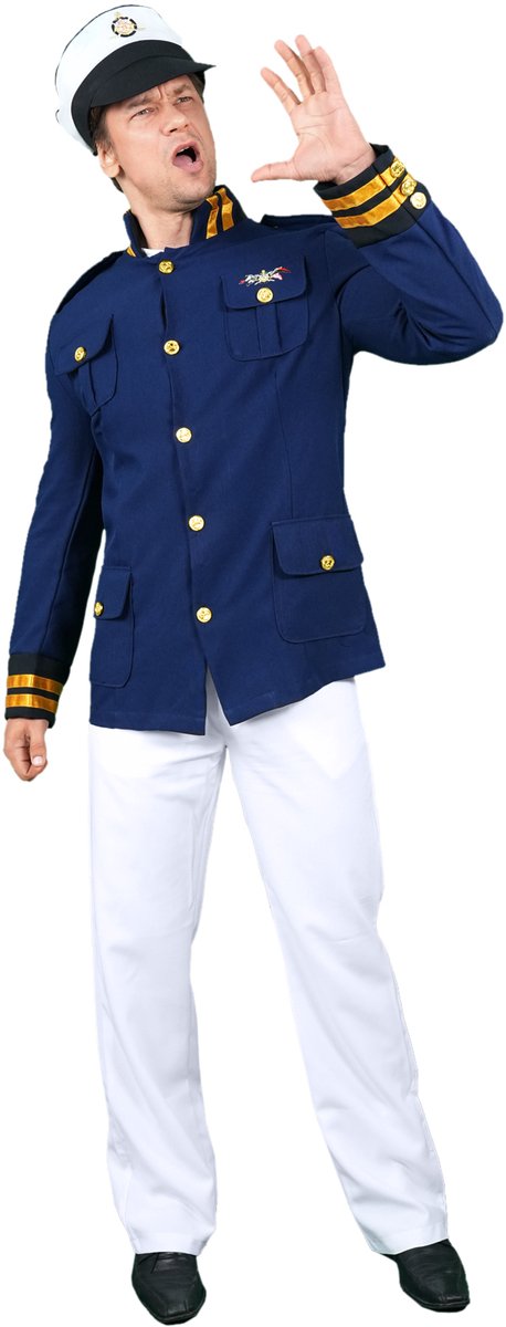 Zebra & Friends Kapitein Kostuum - 60/62 - 3-delig - Carnavalskleding - Verkleedset - Verkleedkleren voor Volwassenen - Blauw/Wit