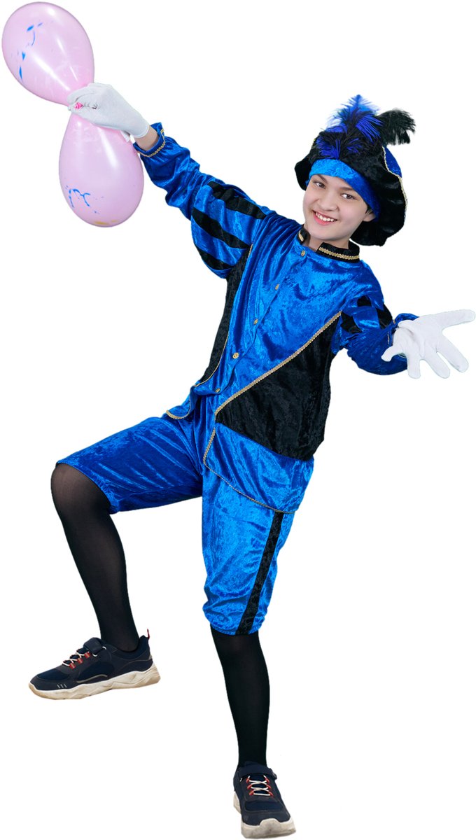 Zebra & Friends Pietenpak - Maat 128/140 -8/10 jaar- Pietenpak voor Kinderen - met Pietenmuts - Pofbroek en Pofmouwen - Sinterklaasfeest-Blauw/zwart