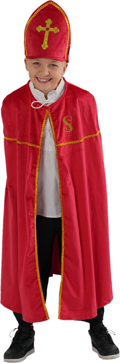 Zebra & Friends Sinterklaas Cape - Maat 152 - Sinterklaas Cadeautje - Cape met Mijter - Verkleedkleding - Velours - Rood