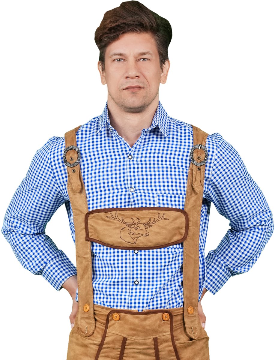 Zebra & Friends Anton Blue - Maat 56 - Tirolerhemd - Oktoberfest Heren - Geruit Hemd - Themafeesten - Verkleedkleren voor Mannen - Carnavalskleren- Blauw met Wit