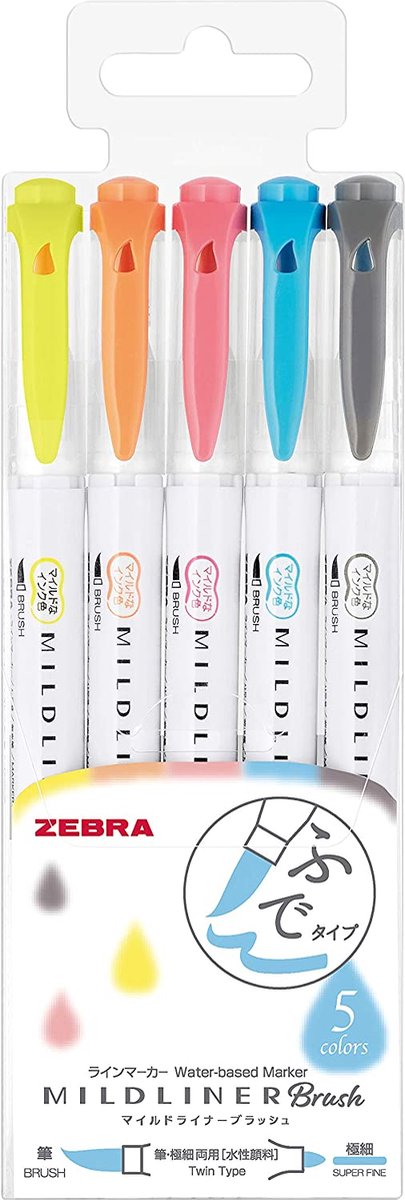 ZEBRA Highlighter Mildliner Brush, 5 Friendly Color Set