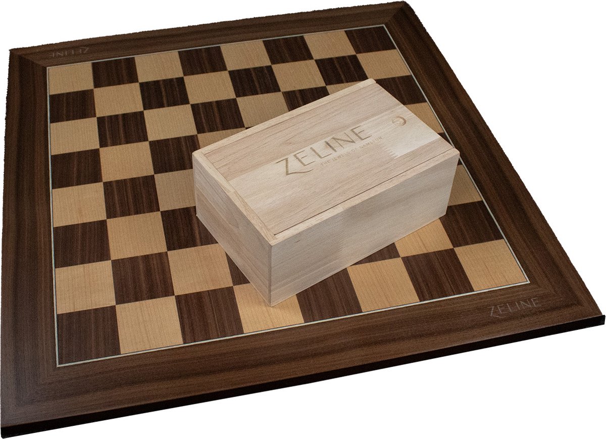 Schaakset bord walnoot/esdoorn ingelegd 50 x50 cm Inclusief schaakstukken Exclusief Zeline