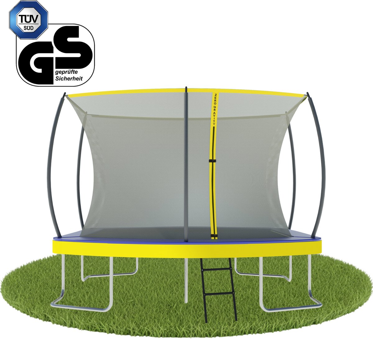 Zero Gravity Trampoline 305x213cm met veiligheidsnet • TÜV GS • Gratis ladder • 100kg draagvermogen • Outdoor weerbestendig • Voor kinderen & volwassenen • Rechthoekig/Ovaal • blauw-geel • Ultima 5 Fun Edition