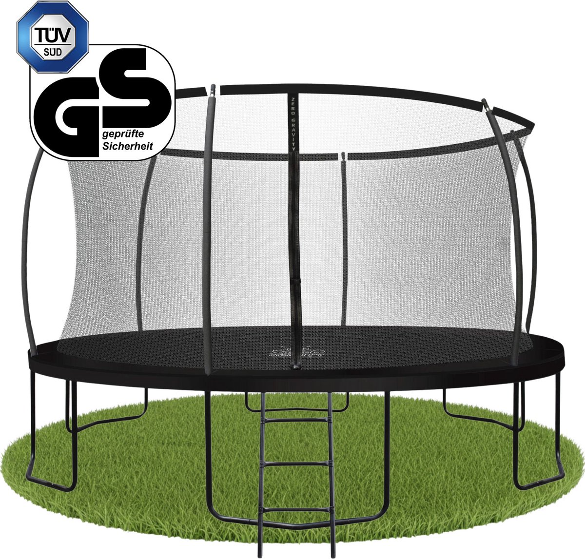 Zero Gravity Trampoline 427cm met opvouwbaar veiligheidsnet • TÜV GS • Gratis ladder • 150kg draagvermogen • Outdoor weerbestendig • Voor kinderen & volwassenen • Rond • Zwart • Ultima 4 Black Edition
