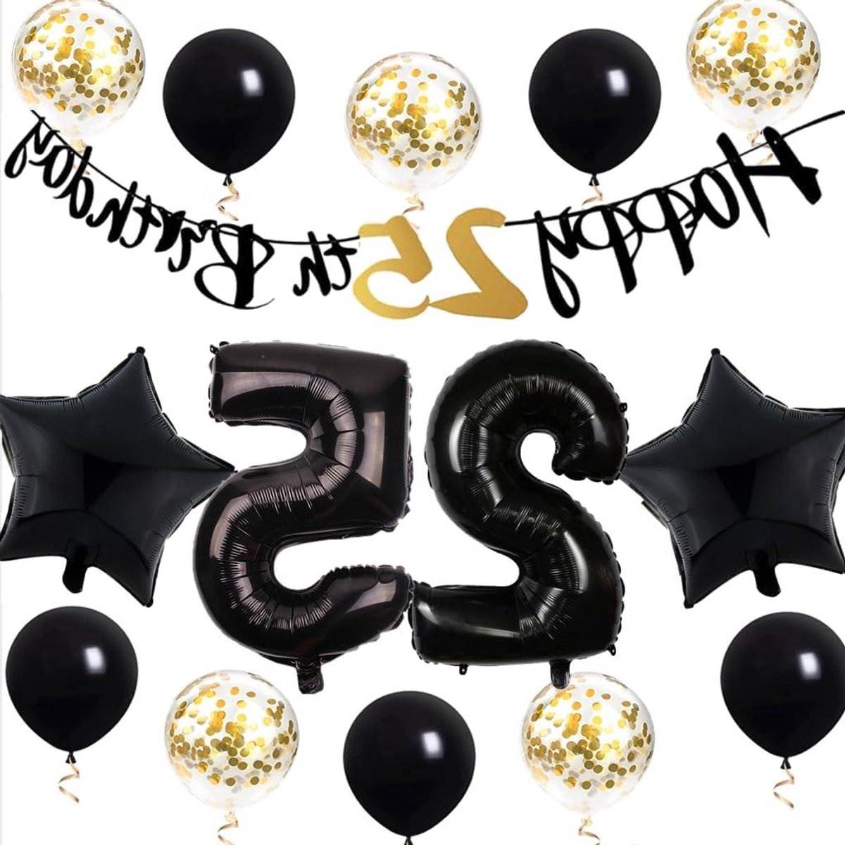 Ballon 25e verjaardag decoratie zwart-gouden slinger Happy 25th Birthday