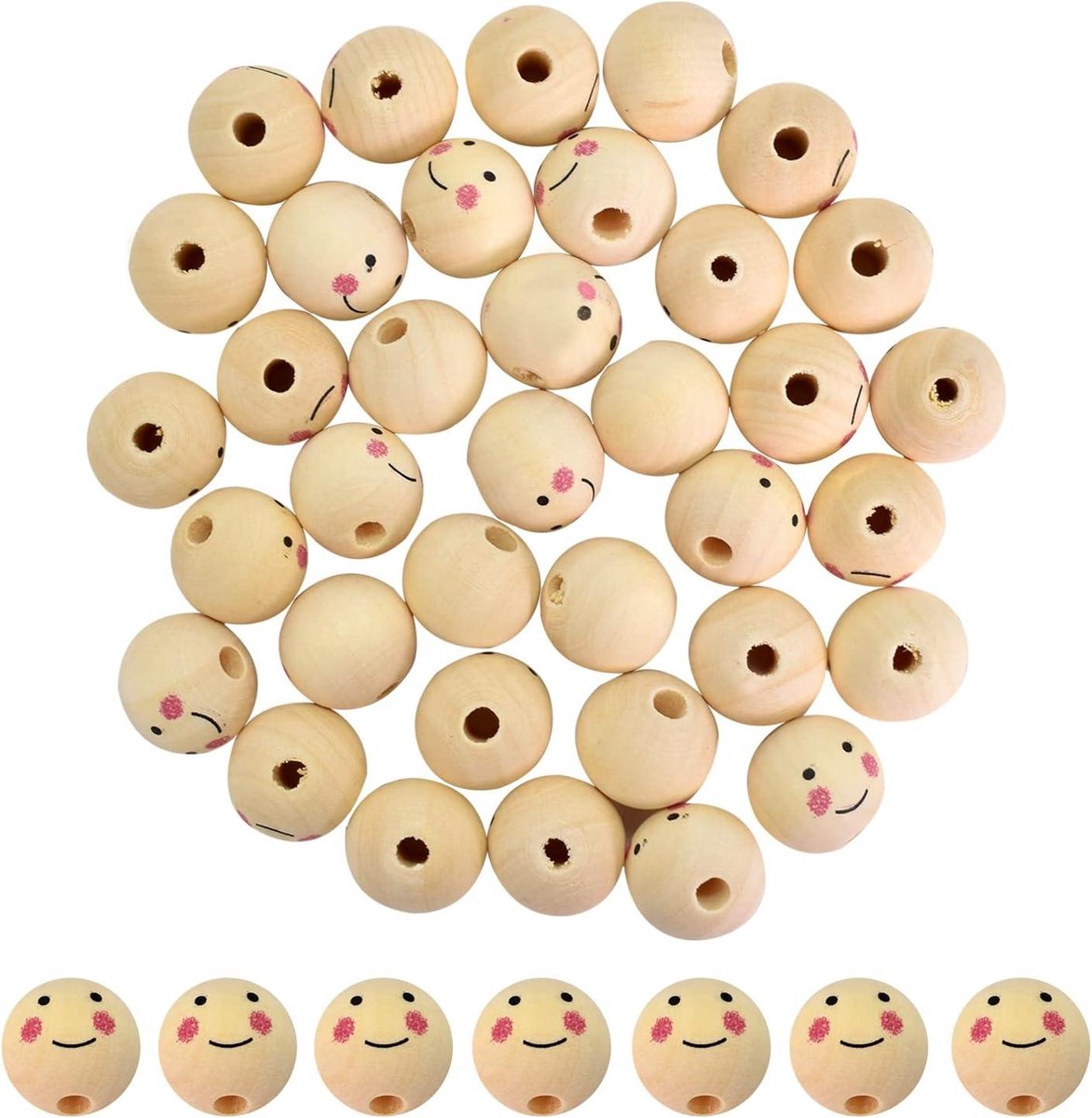 Zeynomax - 100 stuks houten kralen 12 mm - DIY armbanden maken - Natuurlijke houten kralen met gezicht - Ronde kralen met gat - Creatieve kwasten - Glimlach gezicht.