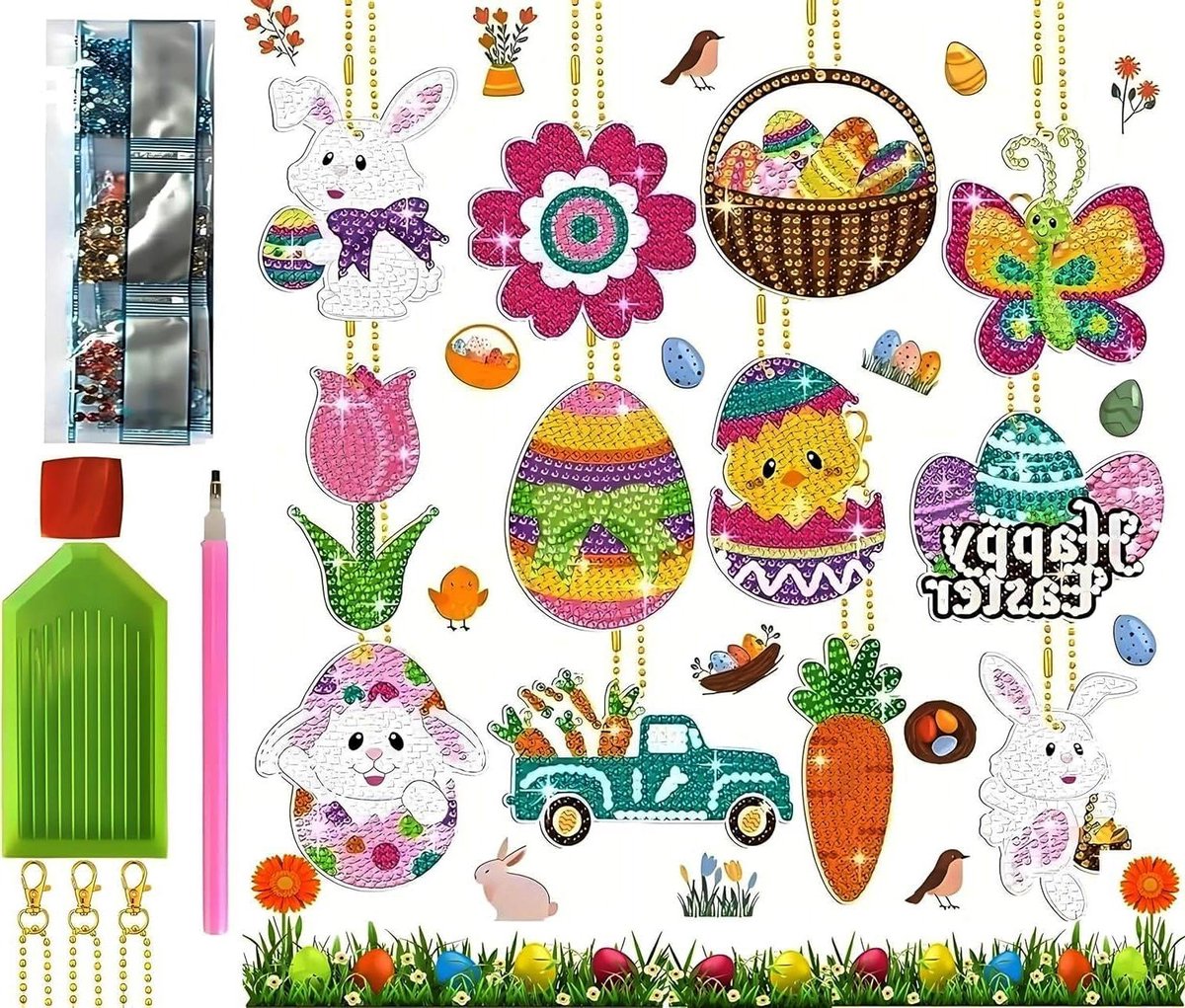 Zeynomax - Diamond Painting Pasen - Portachiavi Doppio Lato - Ciondolo - 5D Diamond Painting - Pasen Geschenken - DIY Diamant Schilderij Kit - 12 stuks
