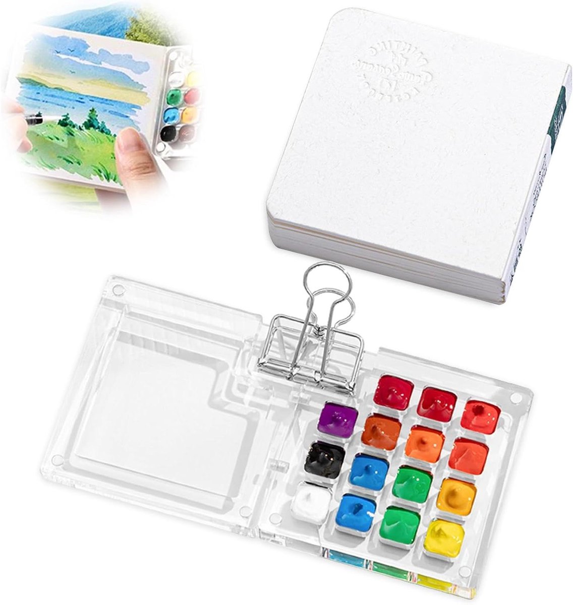 Zeynomax - Draagbare Sketchbook Palette met 15 Vakjes voor Mini Acrylverf Reisset incl. Aquarelpapier en Klem
