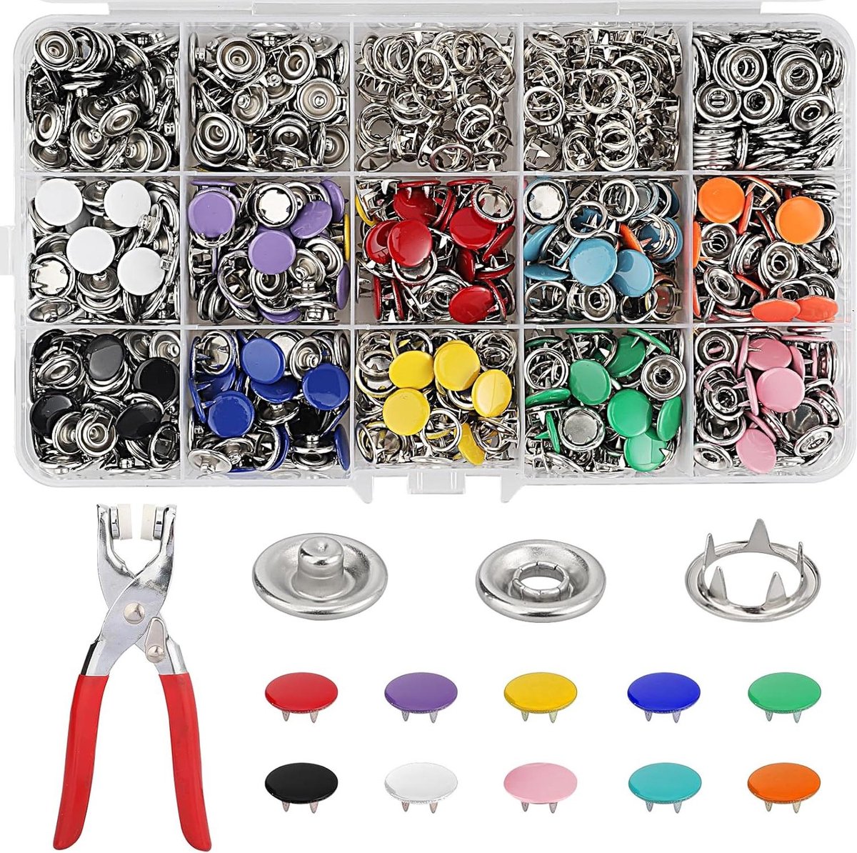 Zeynomax - Drukknopen set met tang naaibenodigdheden 9,5 mm drukknopen geschikt voor knutselen kinderkleding handtassen (10 kleuren)
