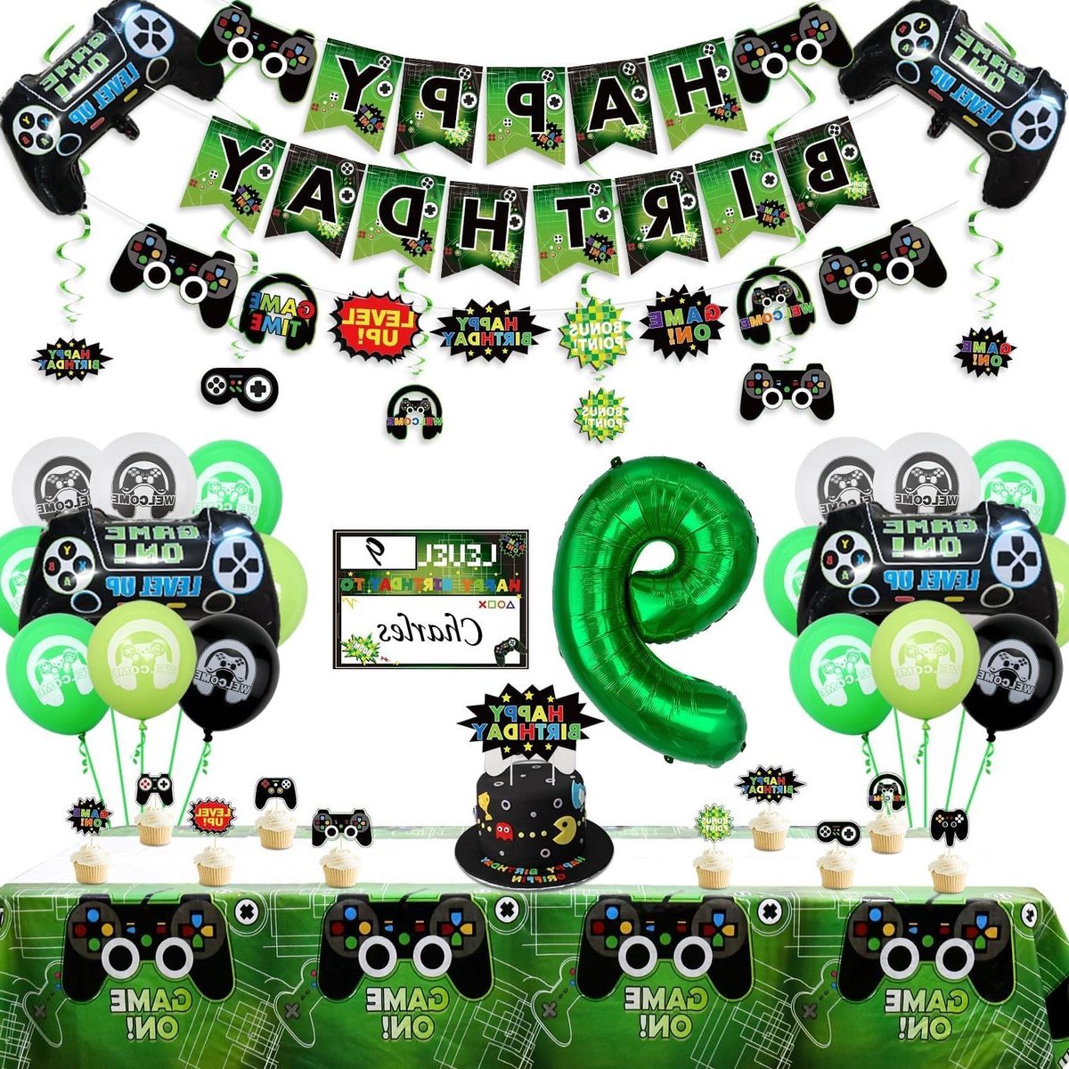 Zeynomax - Feestdecoratie voor videogame thema - 9e verjaardag jongens - Happy Birthday-banner - Videospelballonnen - Decoraties tafelkleed - Controller ballon - Gaming hangbord - Verjaardagsfeestaccessoires.