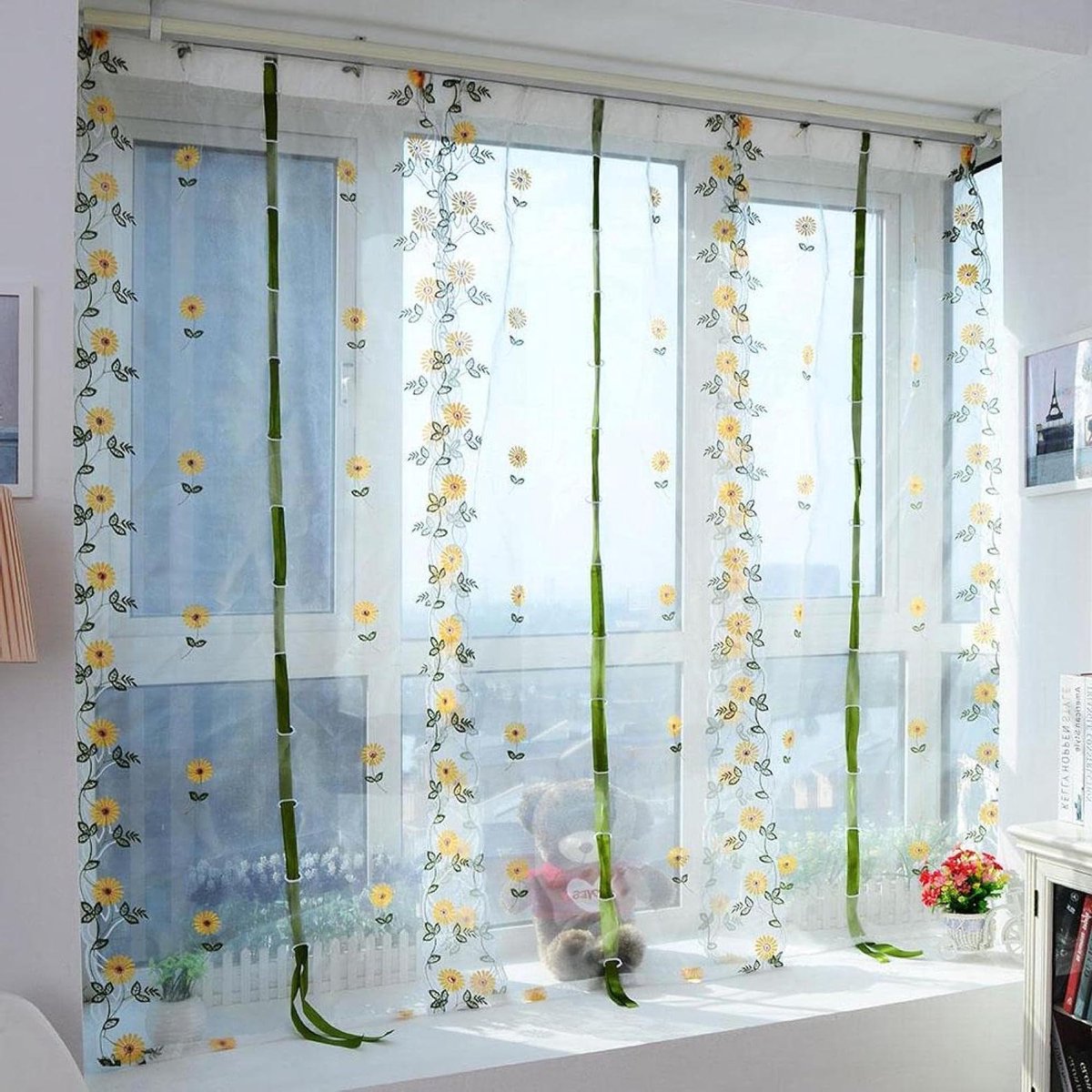 Zeynomax - Geborduurde Bloemen Gordijnen - Chrysant Motief - Lichtverspreidende Tule - Polyester - Voor Woonkamer en Slaapkamer - 80 * 150CM