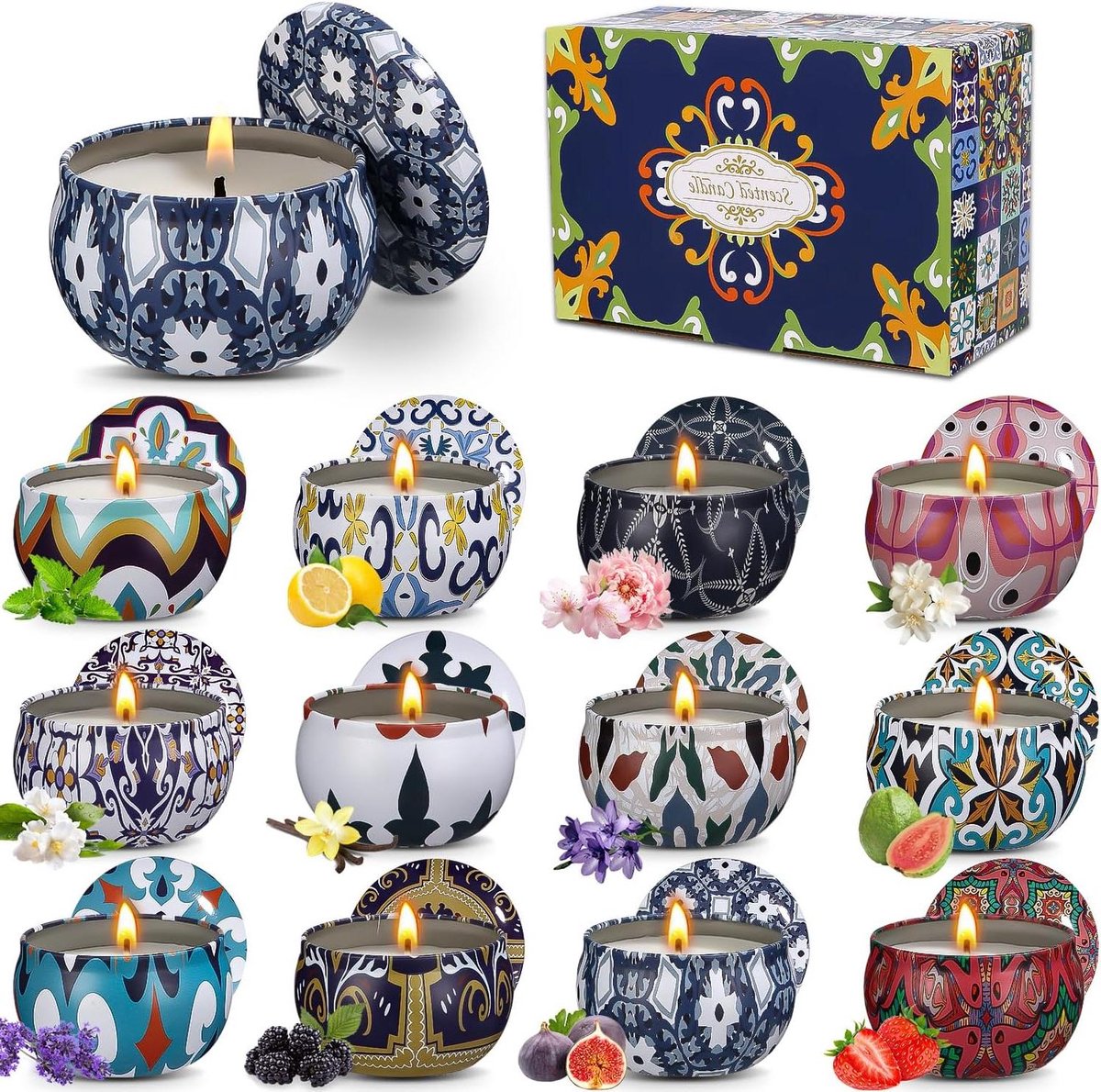 Zeynomax - Geurkaarsen cadeauset met 12 stuks voor vrouwen - Aromatherapie kerstcadeauset - Natuurlijke sojawas kaarsen - Cadeau voor verjaardag, Valentijnsdag, Moederdag - Voor tuin en badkamer.