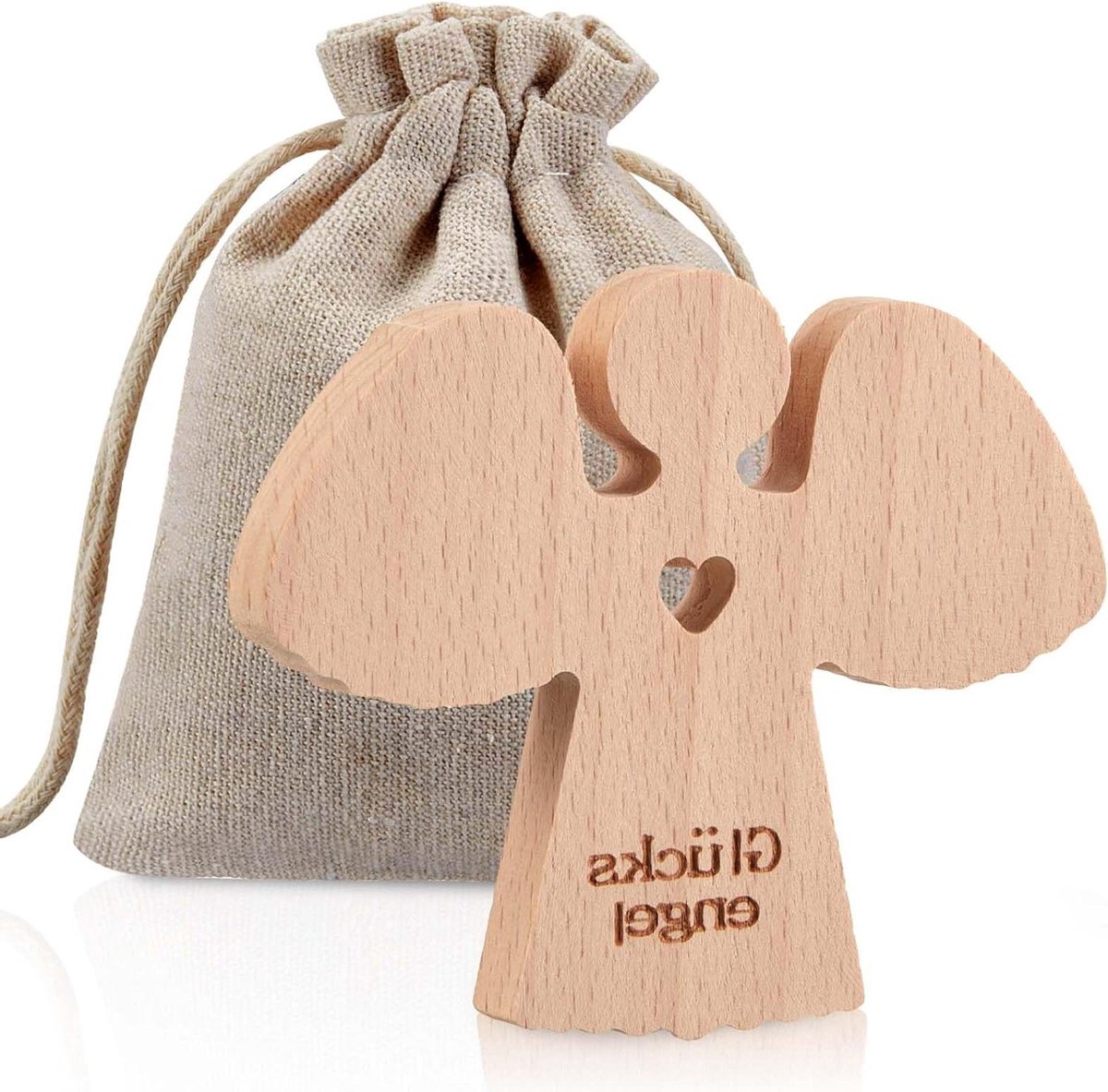 Zeynomax - Houten Beschermengel met Hart, Geluksbrenger en Katoenen Zakje - Voor Familie, Vrienden, Examens, Kinderen - Communie en Doop Gift.
