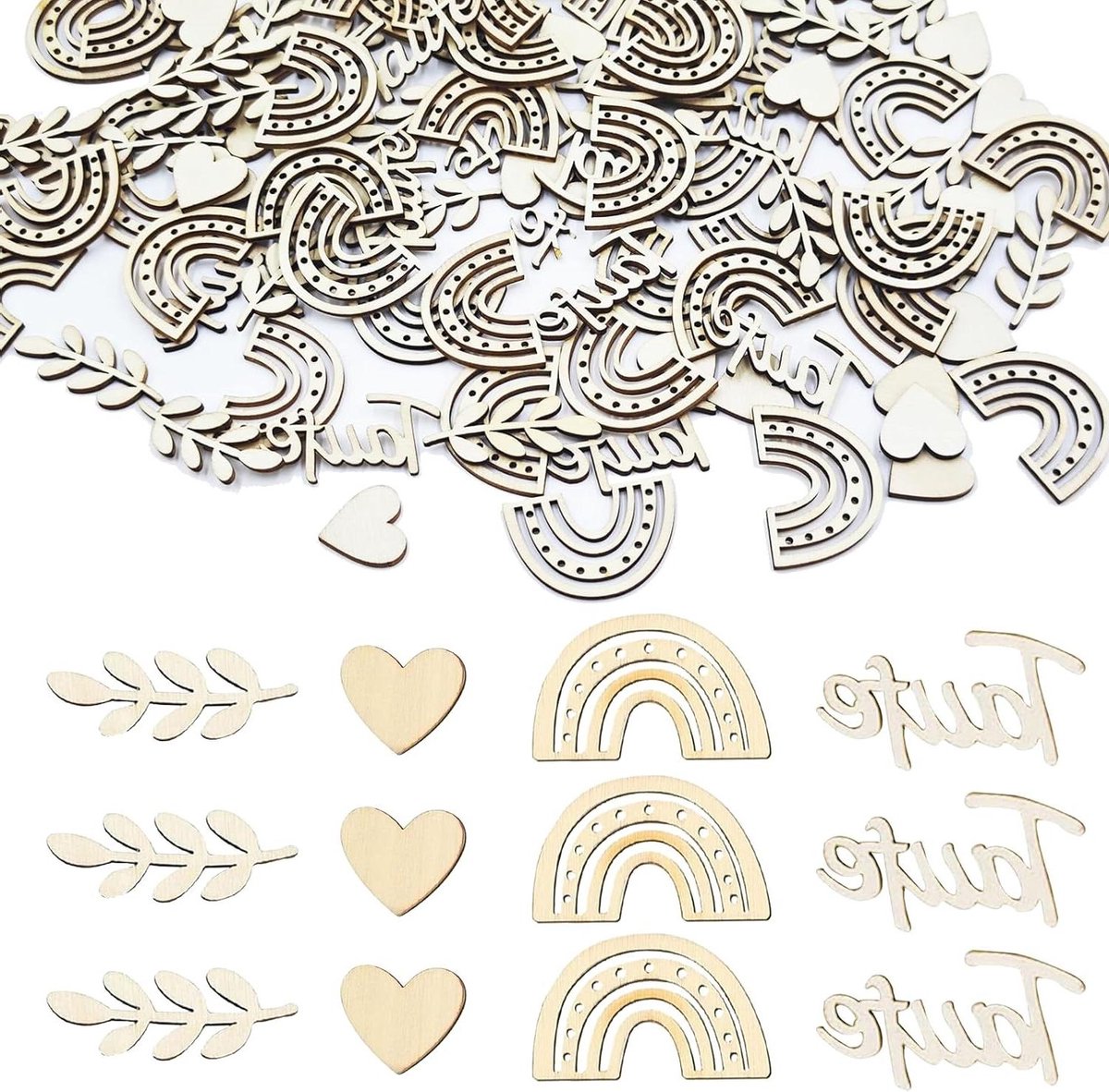   - Houten Tafeldecoratie Set van 100:   voor Doopfeest en Babyshower - Regenboog Harten en Boho Patroon - 4 Vormen Houten   - Geschikt voor Communieviering - Mix Patroon Hout Decoratie