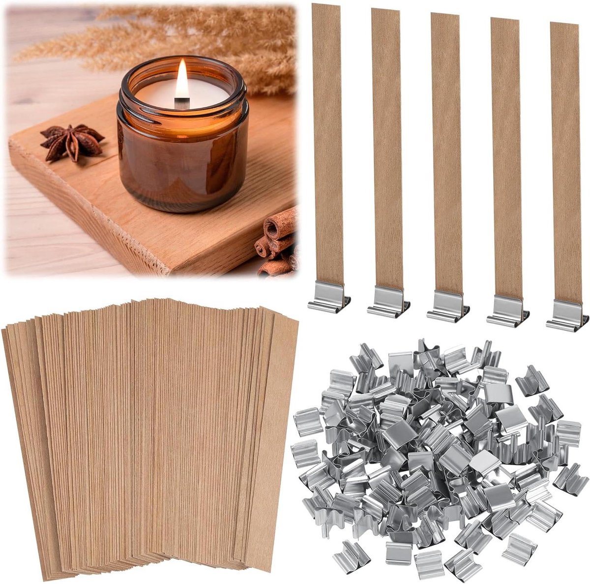   - Houten kaarslonten - 100 sets - Natuurlijke DIY kaarslont 13 x 130mm - Ecologisch en rookvrij