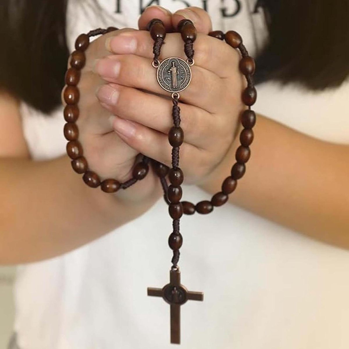 Zeynomax - Houten rozenkrans met kruishanger en gebedskralen van natuurlijk hout - Katholieke religieuze rozenkrans voor communie en doop - Rosario cattolico - Houtsnede met medaille van Maria - Handgemaakt met liefde