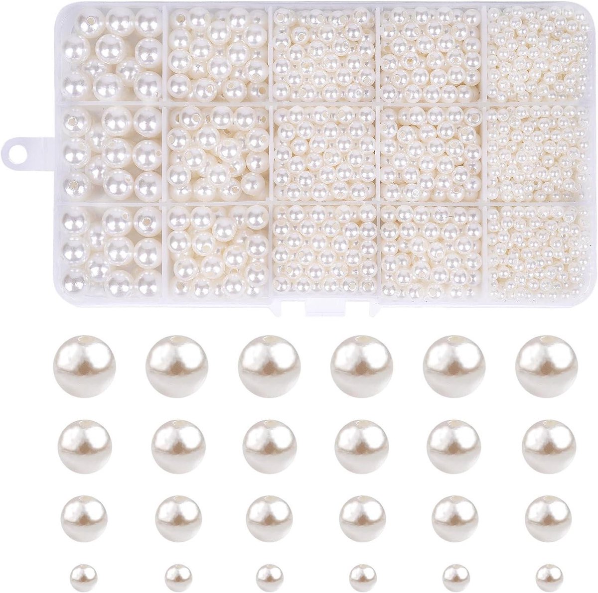 Zeynomax - Kunstparels voor armbanden en decoratie - wit - 1680 stuks - 4/6/8/10 mm - ivoorkleurige kralen - knutselen en sieraden maken