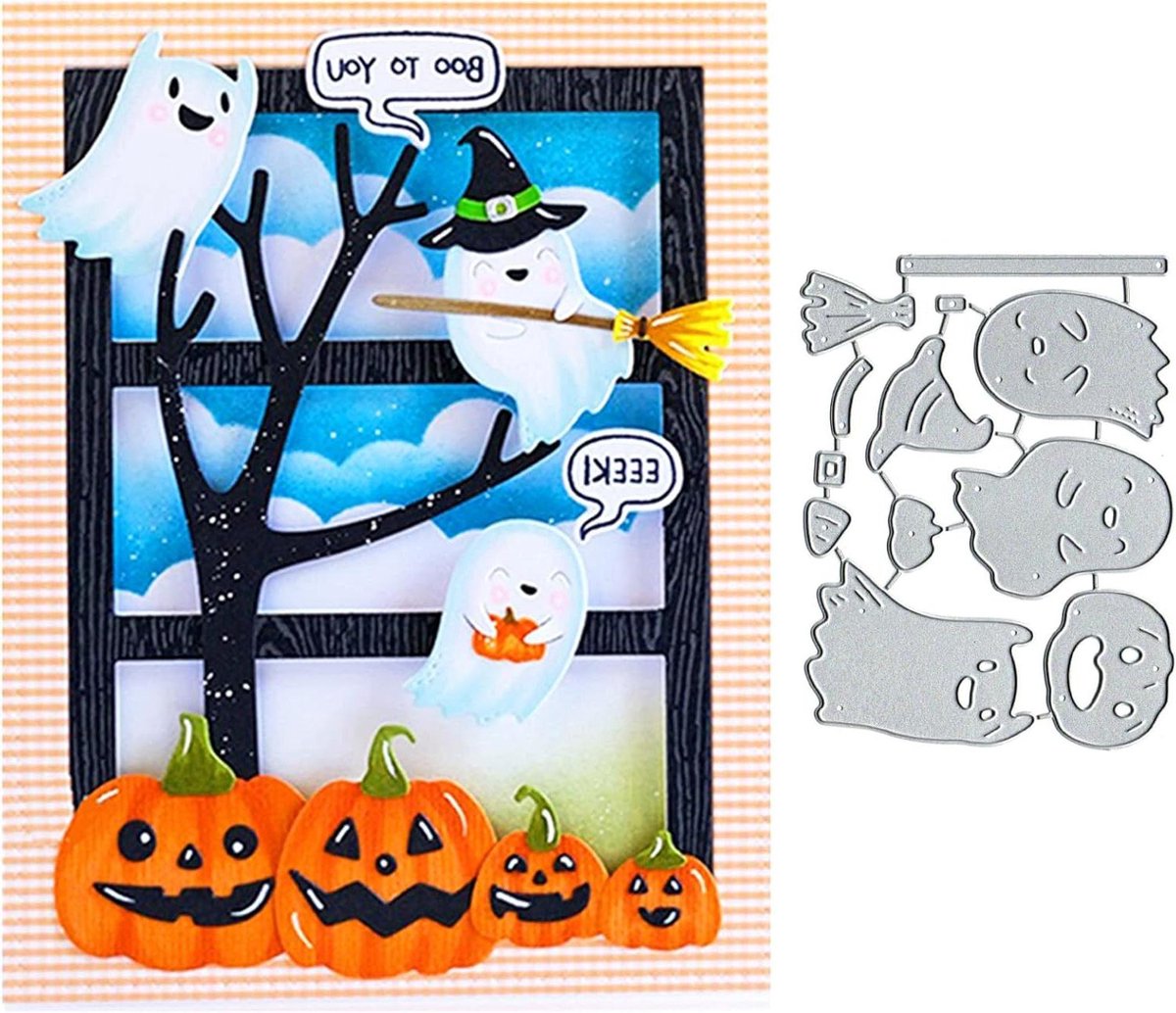 Zeynomax - Metalen Stencil voor Halloween Pompoen, Geest en Bezem - Knutselen, Scrapbooking en Kaartmaken met Embossing - DIY Kunst en Ambachtelijke Benodigdheden.