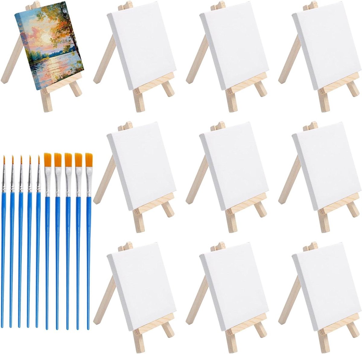   - Mini canvas en schildersezel set met 10 mini-ezels, 10 4x4 inch canvas, 10 borstels en houten ezel - voor kinderen en kunstenaars, ambachtelijke olie acryl schilderen