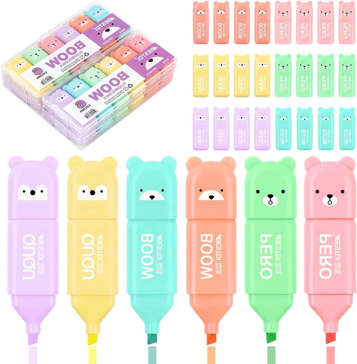 Zeynomax - Mini-markeerstiften set - Pastel kleuren - Cartoonbeer design - Lichtgevende stiften - Cadeau voor kinderen en volwassenen - Schoolspullen en kantoorbenodigdheden - 24 stuks