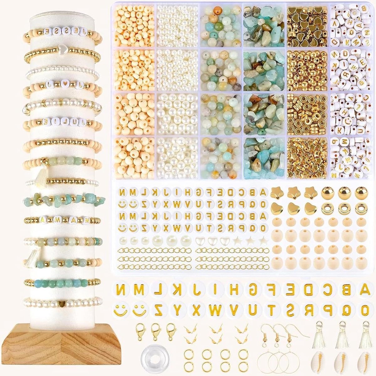   - Natuurlijke edelstenen kralen set voor armbanden maken - Amazoniet - Boho-stijl - Houten kralen - DIY sieraden - Edelstenen rijgset