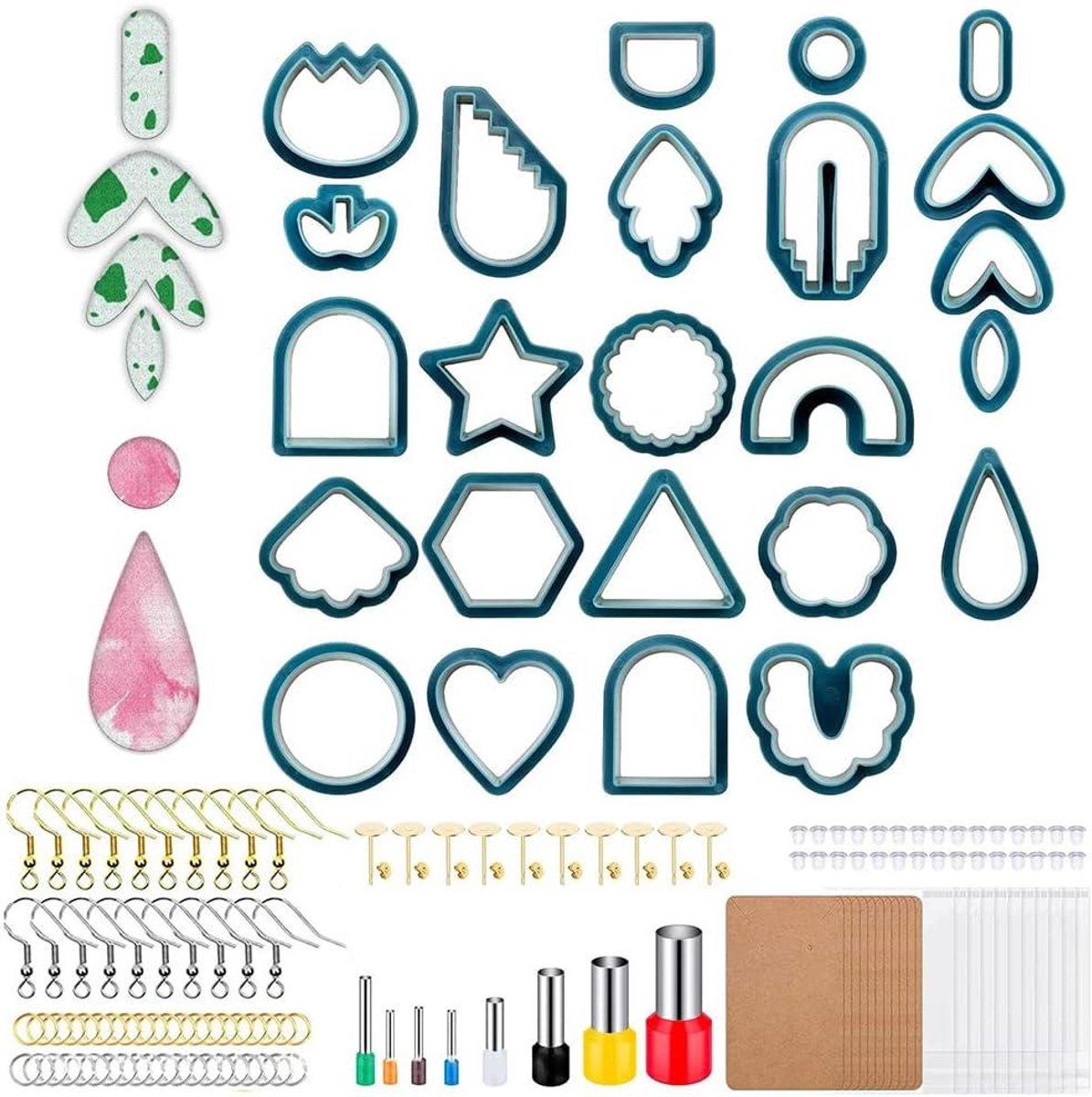   - Polymeerklei-uitsteekvormpjes set voor oorbellen maken - 142 stuks - Kunststof klei oorbel-uitstekers met oorbelkaarten en oorbelhaken - Sieraden creatie