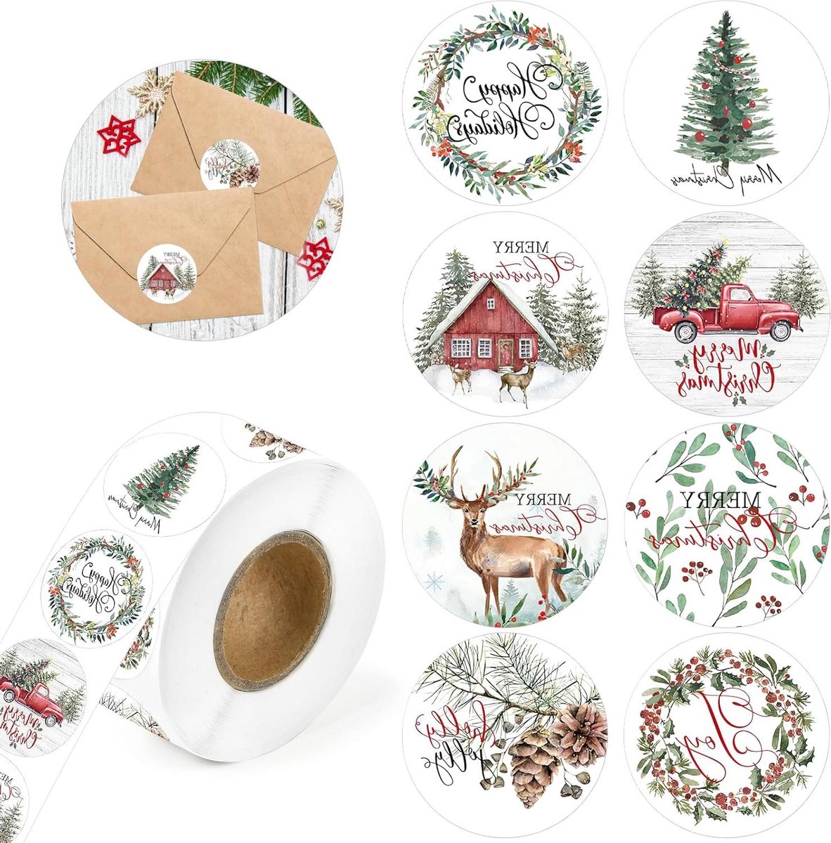 Zeynomax - Ronde kerststickers 1000 stuks voor cadeauzakjes - Kerstdecoratie - Groen - Feestelijke ronde stickers met kerstthema