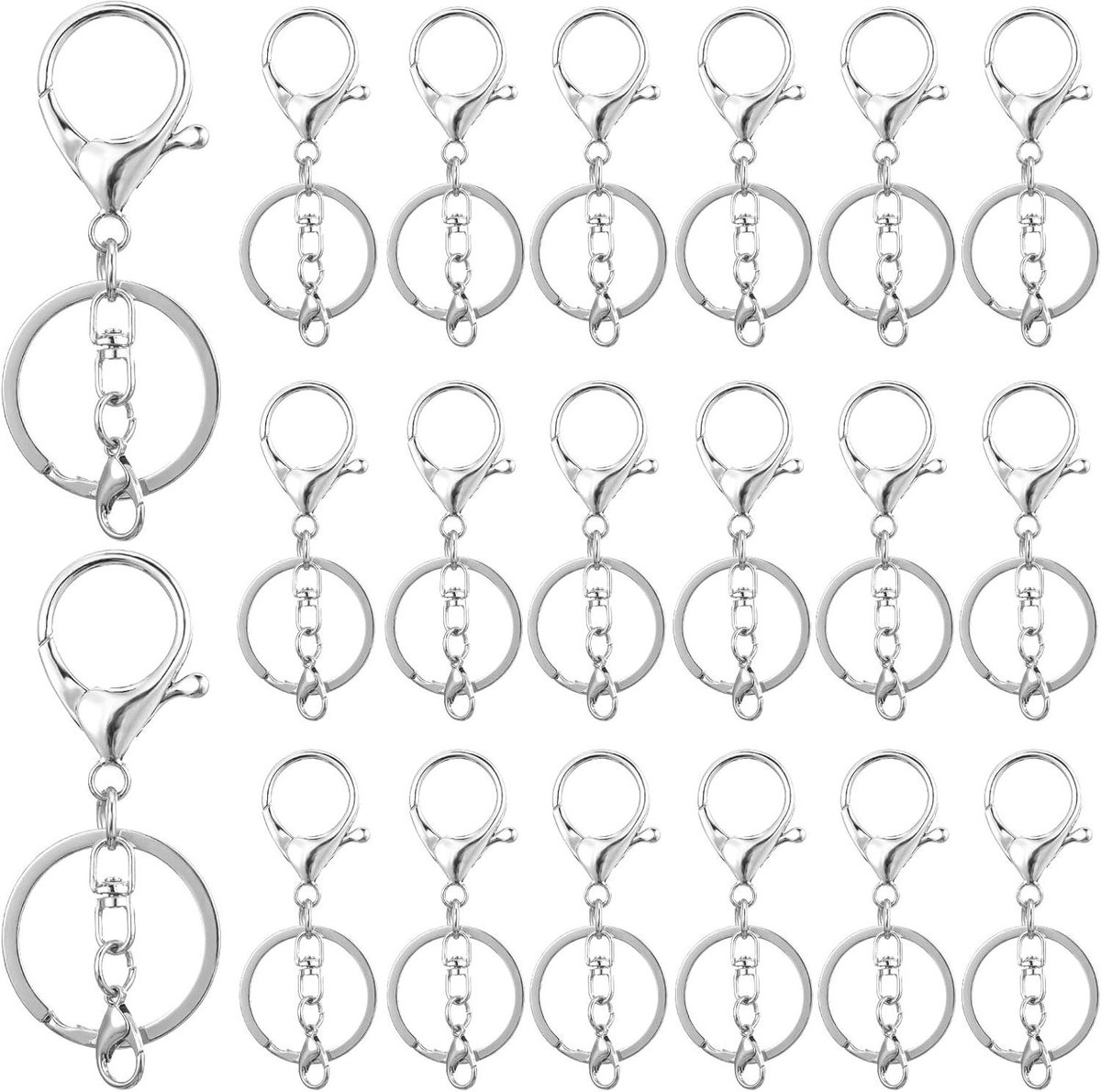 Zeynomax - Set van 20 metalen karabijnsluitingen met platte opening - Sleutelhangers en sleutelring - Doe-het-zelf tassenhangers en sieraden maken - Zilverkleurig